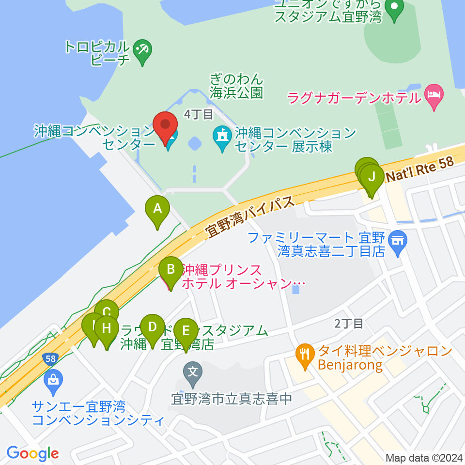沖縄コンベンションセンター周辺のファミレス・ファーストフード一覧地図