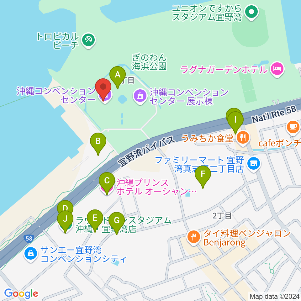 沖縄コンベンションセンター周辺のファミレス・ファーストフード一覧地図