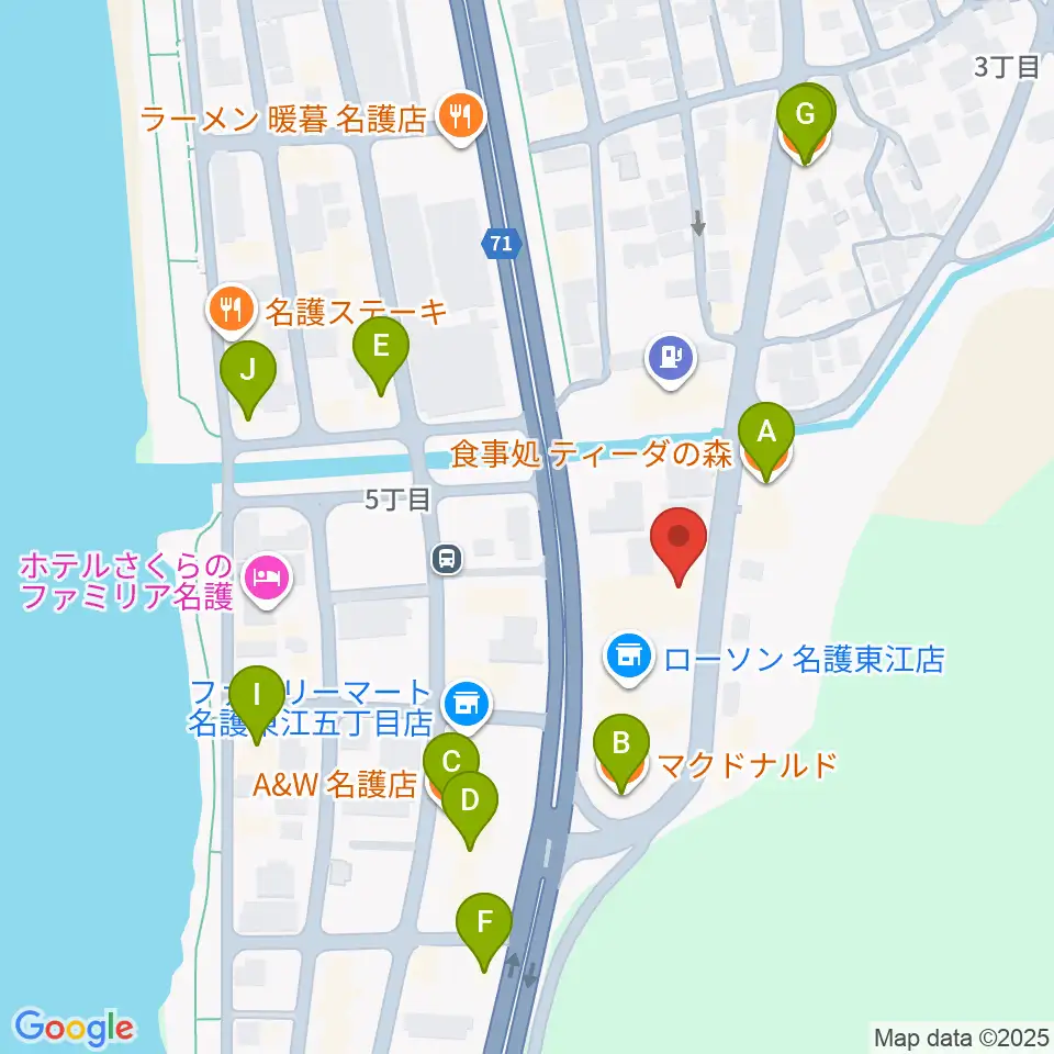 名護BIRDLAND周辺のファミレス・ファーストフード一覧地図