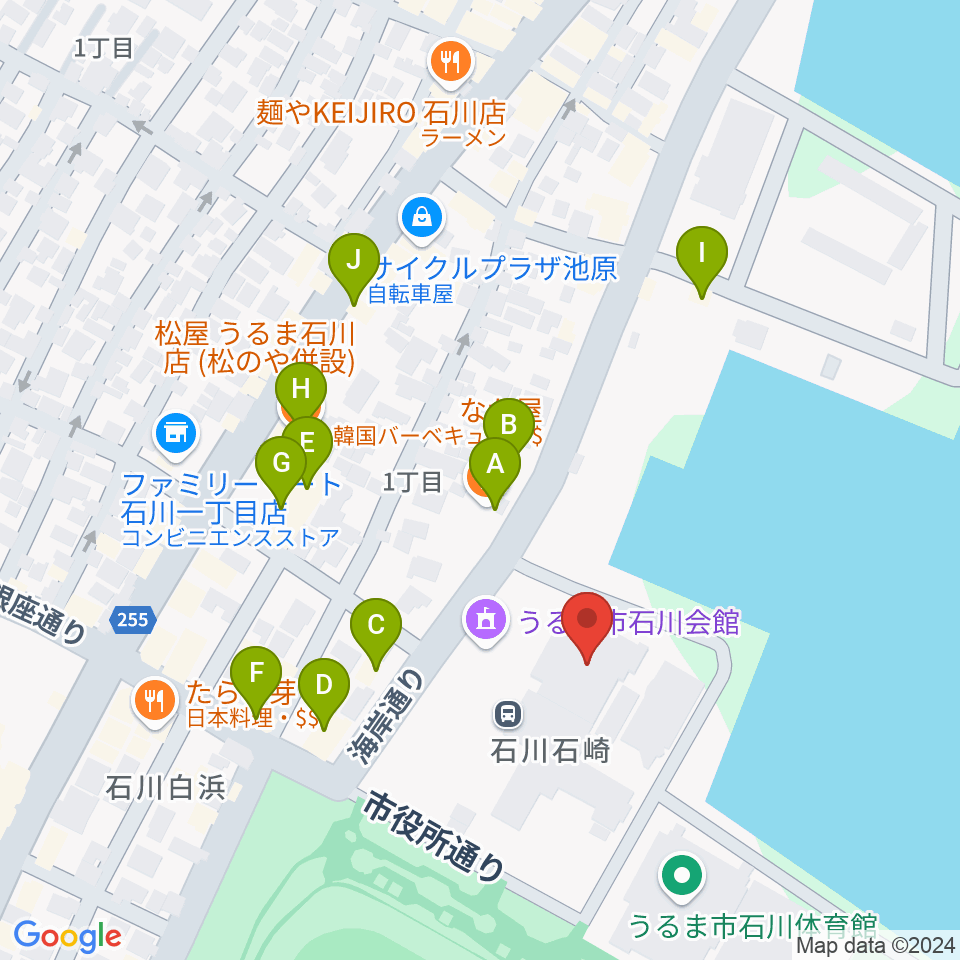 うるま市石川会館周辺のファミレス・ファーストフード一覧地図