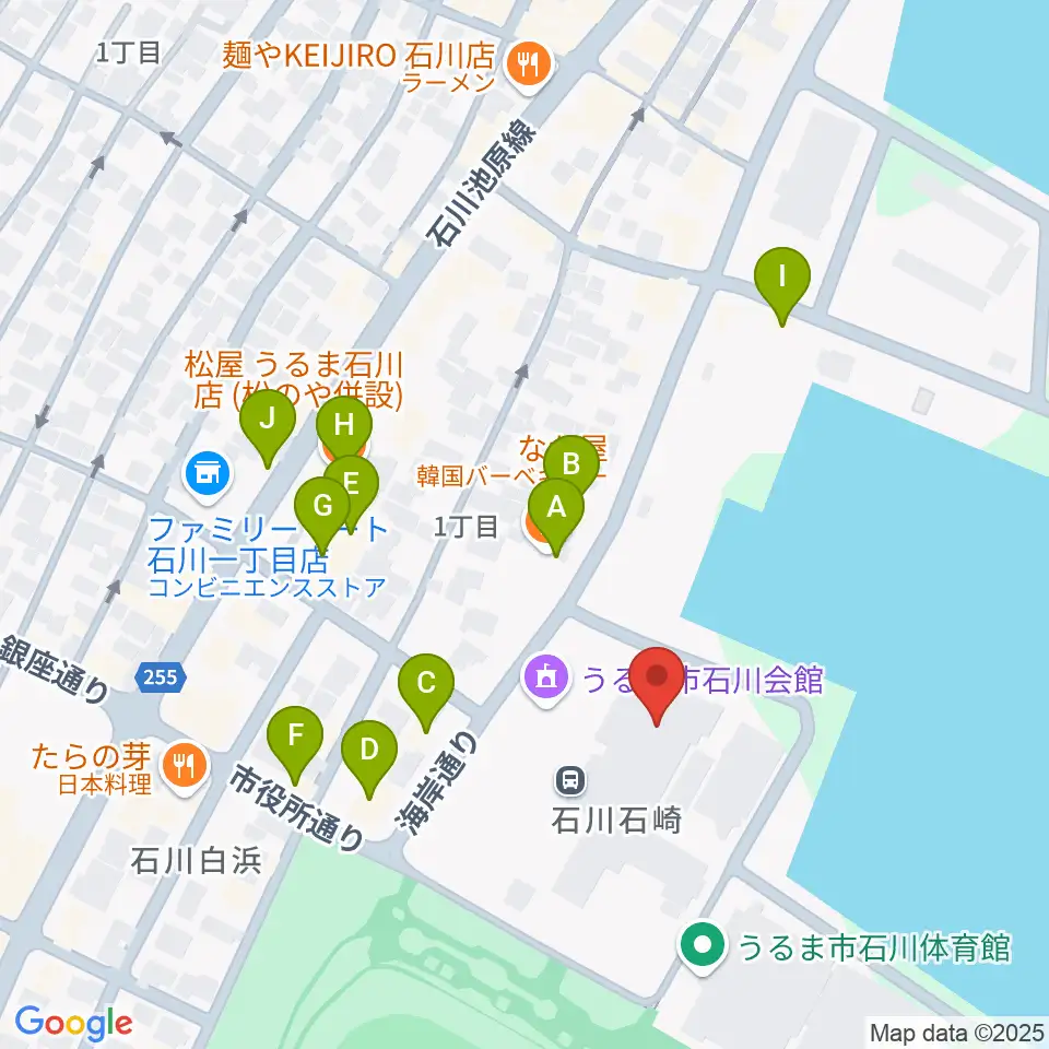 うるま市石川会館周辺のファミレス・ファーストフード一覧地図