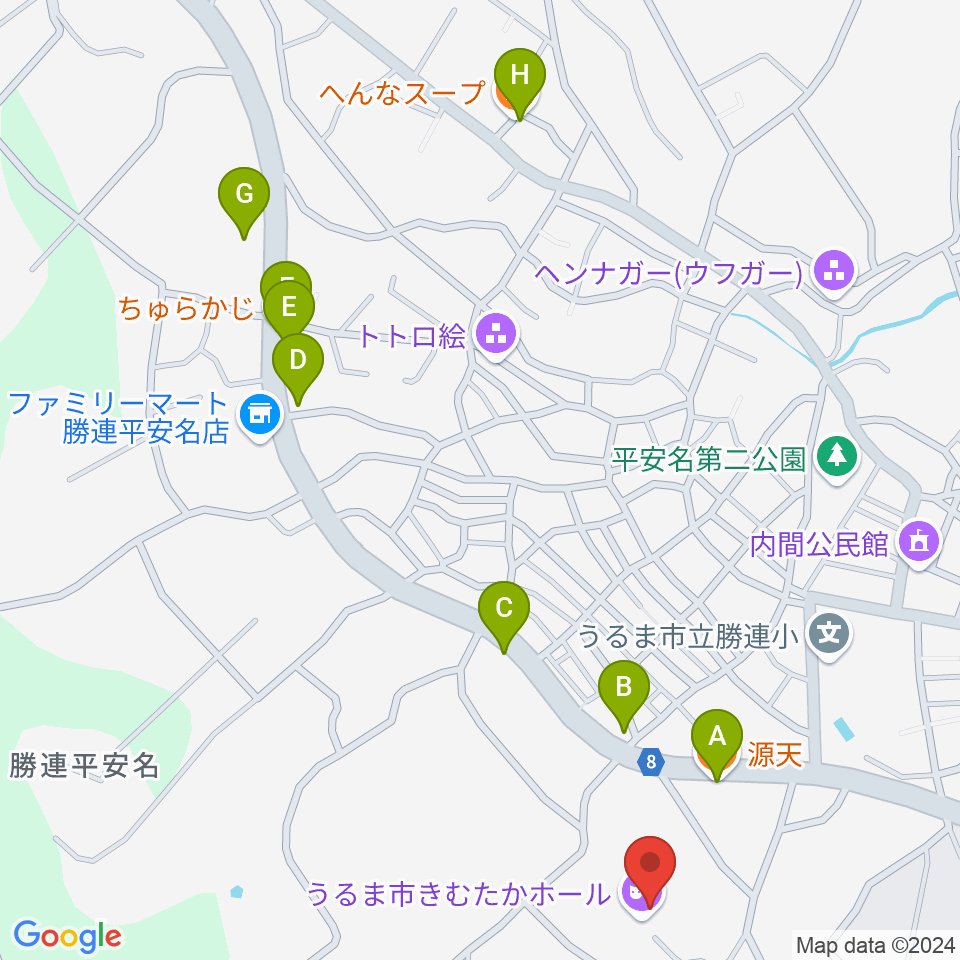 うるま市きむたかホール周辺のファミレス・ファーストフード一覧地図