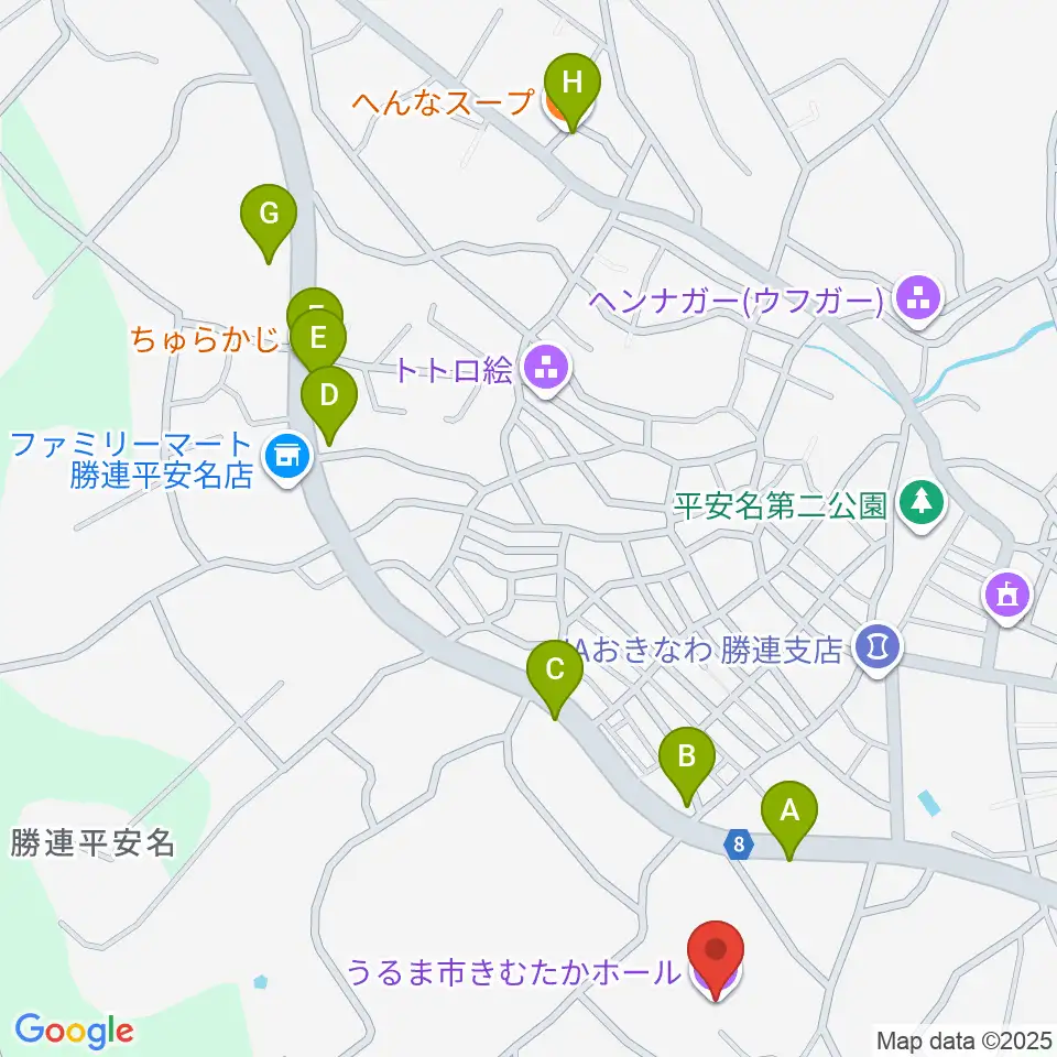 うるま市きむたかホール周辺のファミレス・ファーストフード一覧地図
