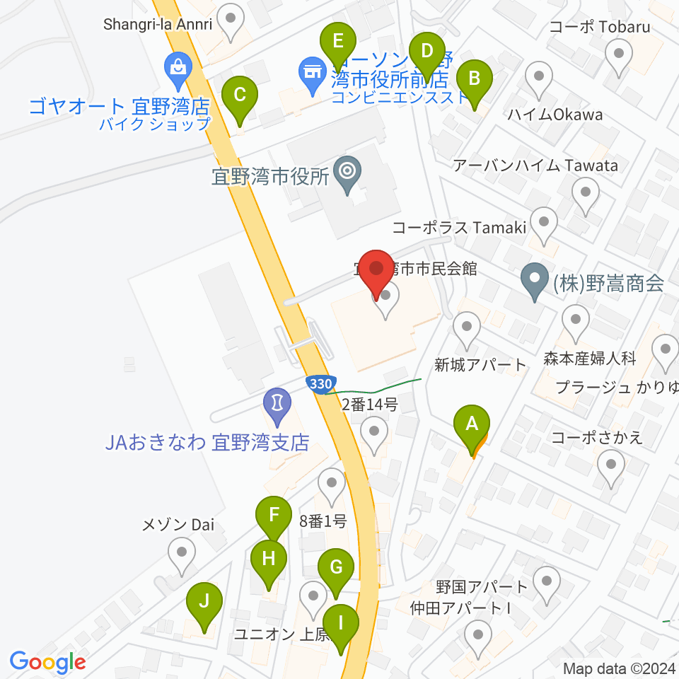 宜野湾市民会館周辺のファミレス・ファーストフード一覧地図