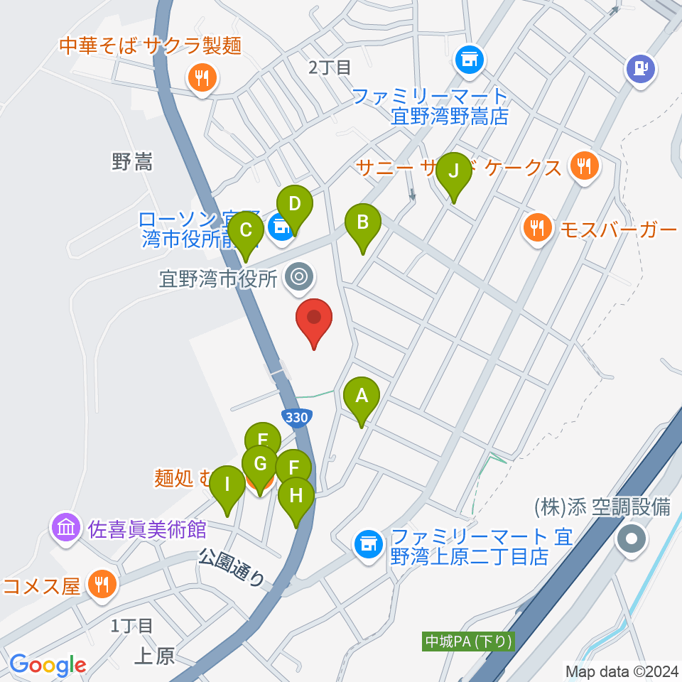 宜野湾市民会館周辺のファミレス・ファーストフード一覧地図