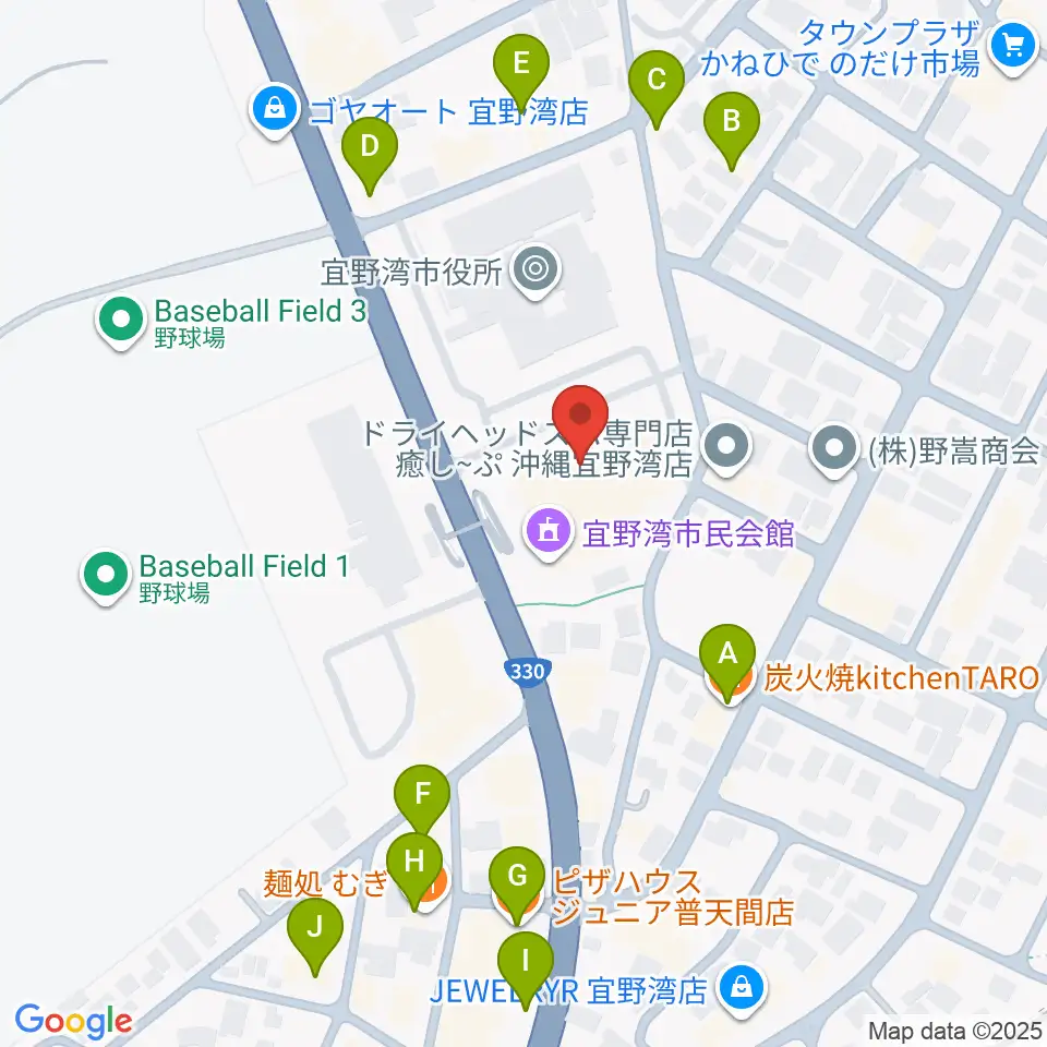 宜野湾市民会館周辺のファミレス・ファーストフード一覧地図