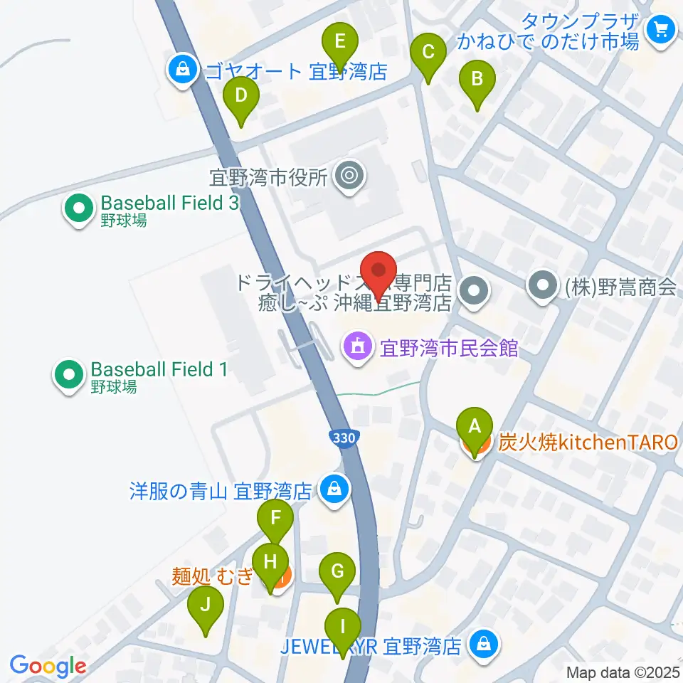 宜野湾市民会館周辺のファミレス・ファーストフード一覧地図