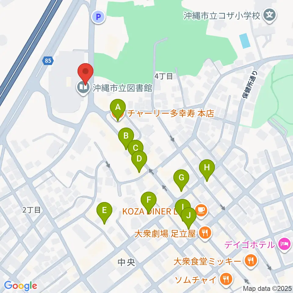 沖縄市民小劇場あしびなー周辺のファミレス・ファーストフード一覧地図