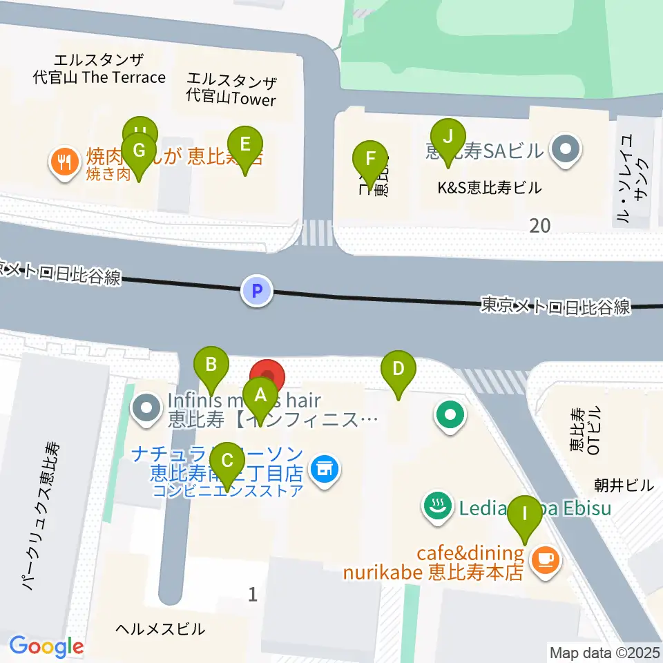 恵比寿BATICA周辺のファミレス・ファーストフード一覧地図