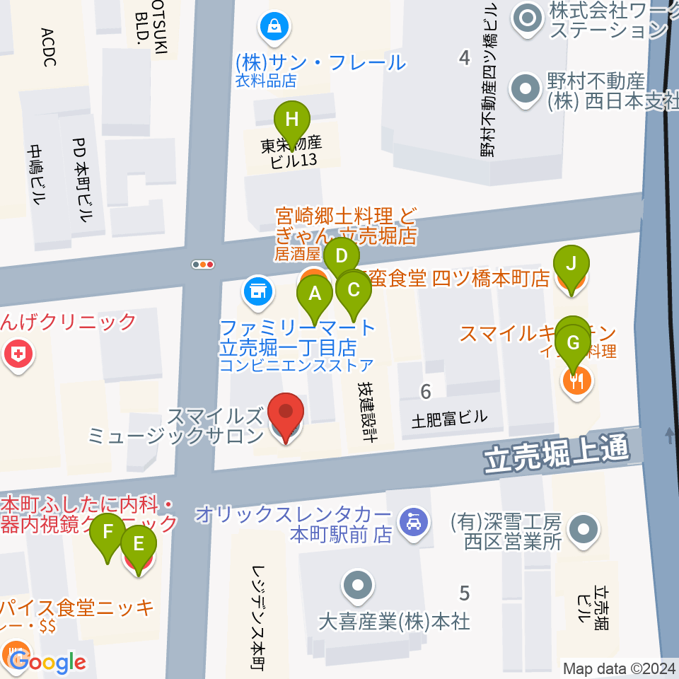 スマイルズミュージックサロン周辺のファミレス・ファーストフード一覧地図