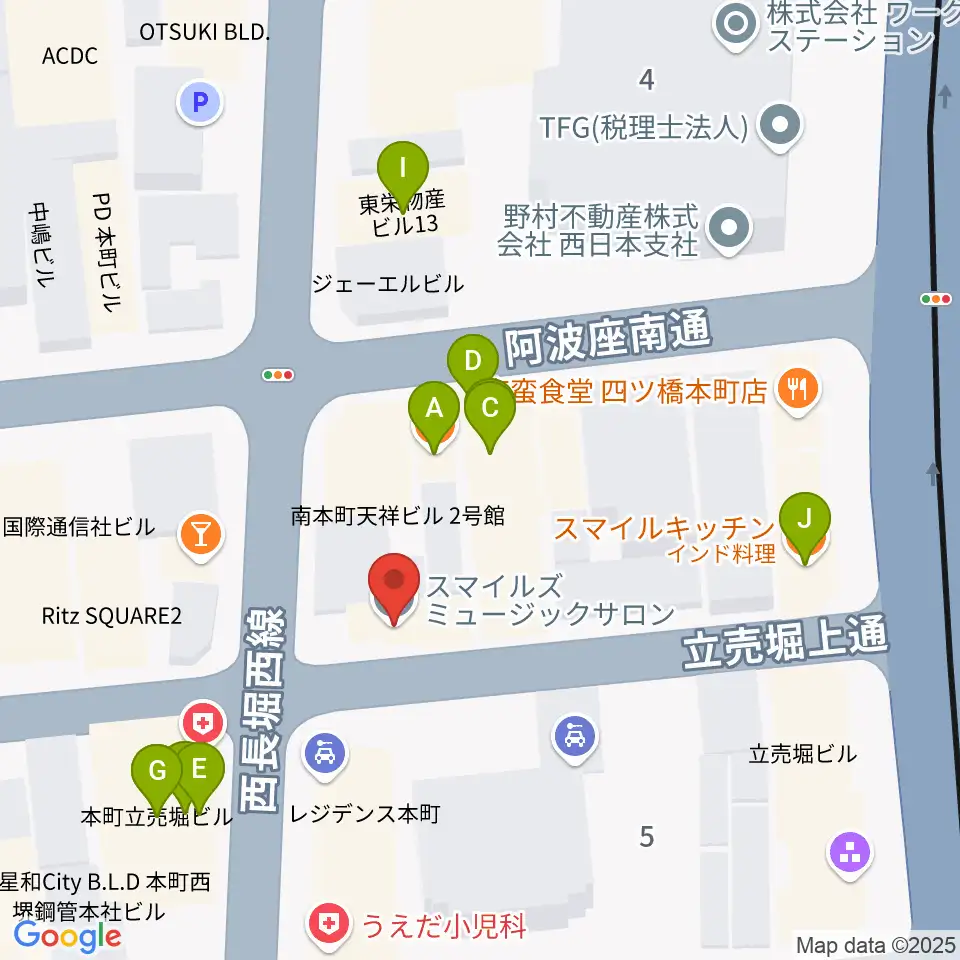 スマイルズミュージックサロン周辺のファミレス・ファーストフード一覧地図