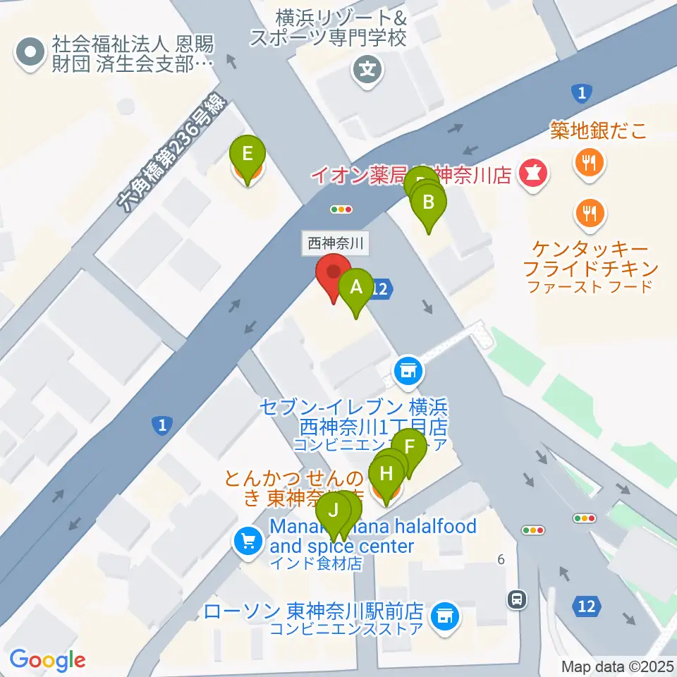 東神奈川音楽英語教育研究所周辺のファミレス・ファーストフード一覧地図