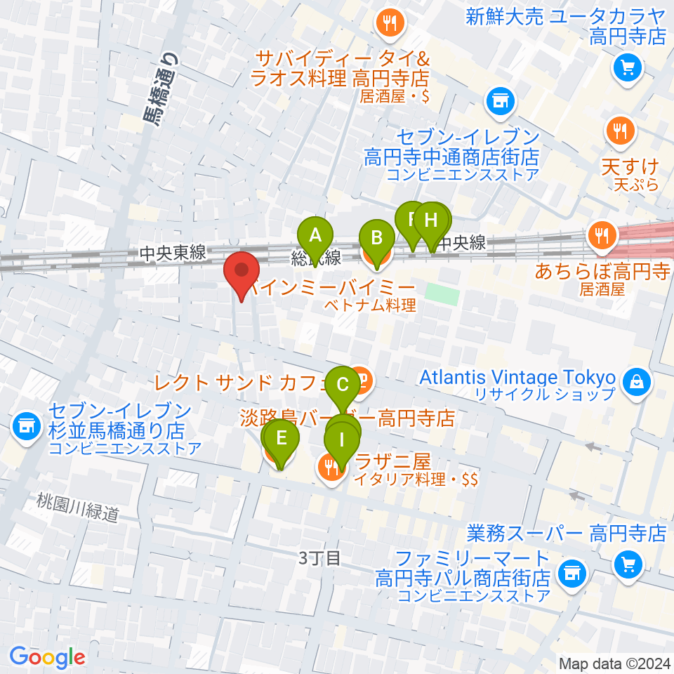 片岡マンドリン研究所周辺のファミレス・ファーストフード一覧地図