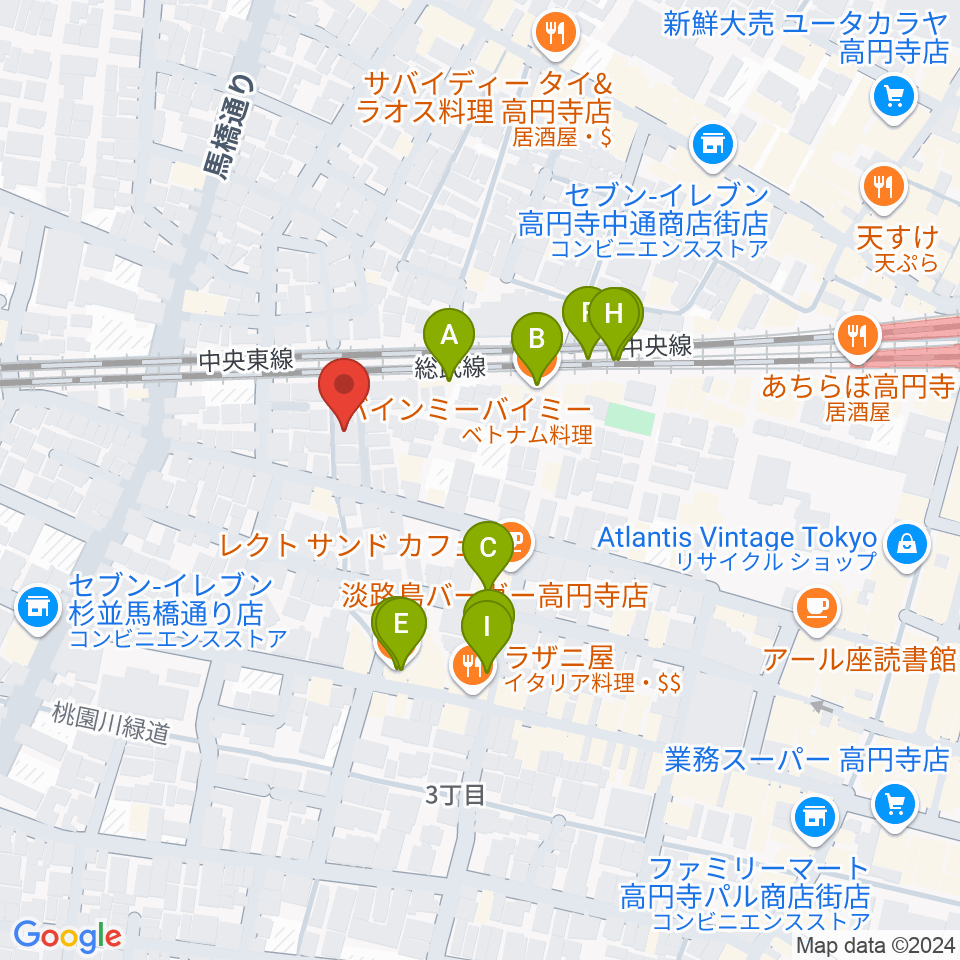 片岡マンドリン研究所周辺のファミレス・ファーストフード一覧地図