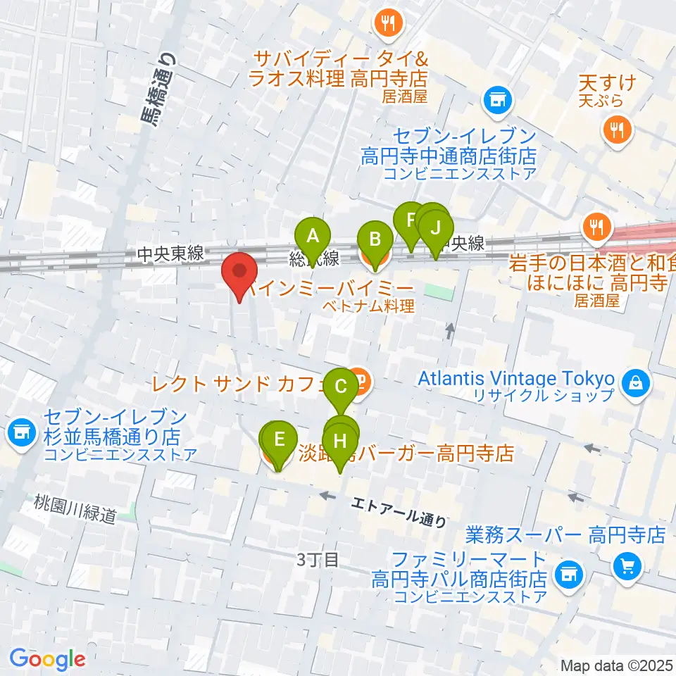 片岡マンドリン研究所周辺のファミレス・ファーストフード一覧地図