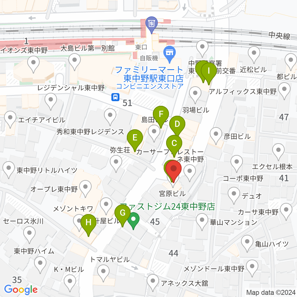 ミオンミュージックスクール東中野2号館周辺のファミレス・ファーストフード一覧地図