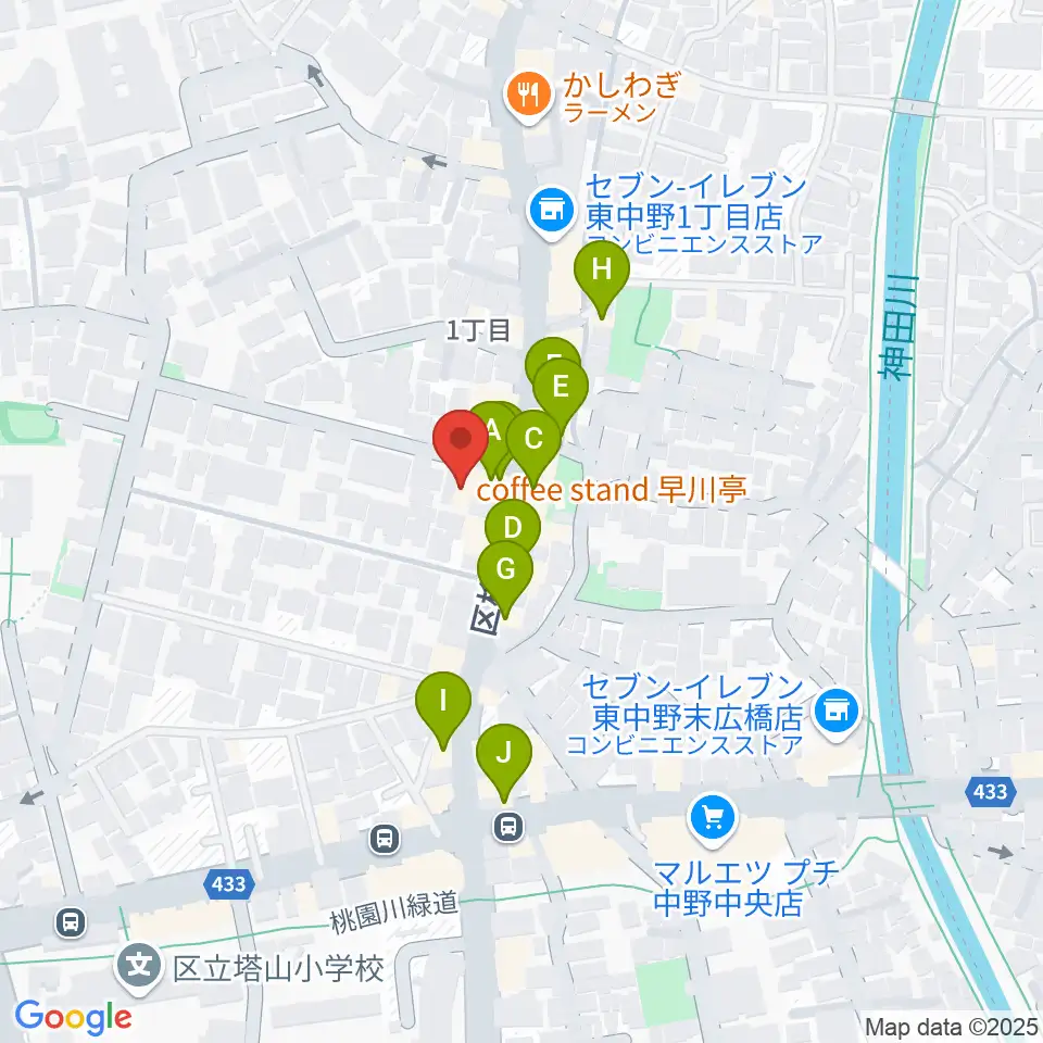 ミオンミュージックスクール東中野教室周辺のファミレス・ファーストフード一覧地図