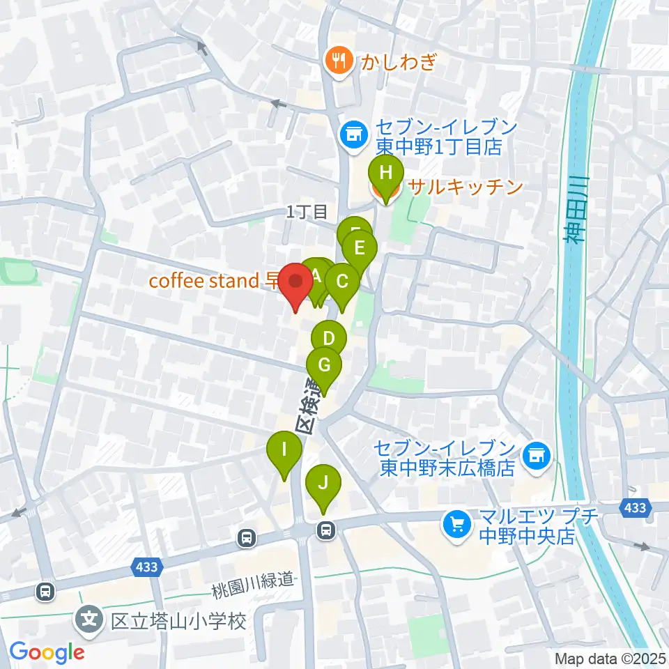 ミオンミュージックスクール東中野教室周辺のファミレス・ファーストフード一覧地図