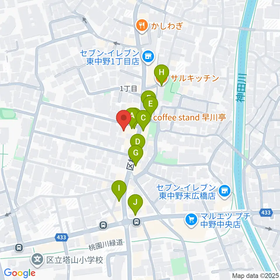 ミオンミュージックスクール東中野教室周辺のファミレス・ファーストフード一覧地図
