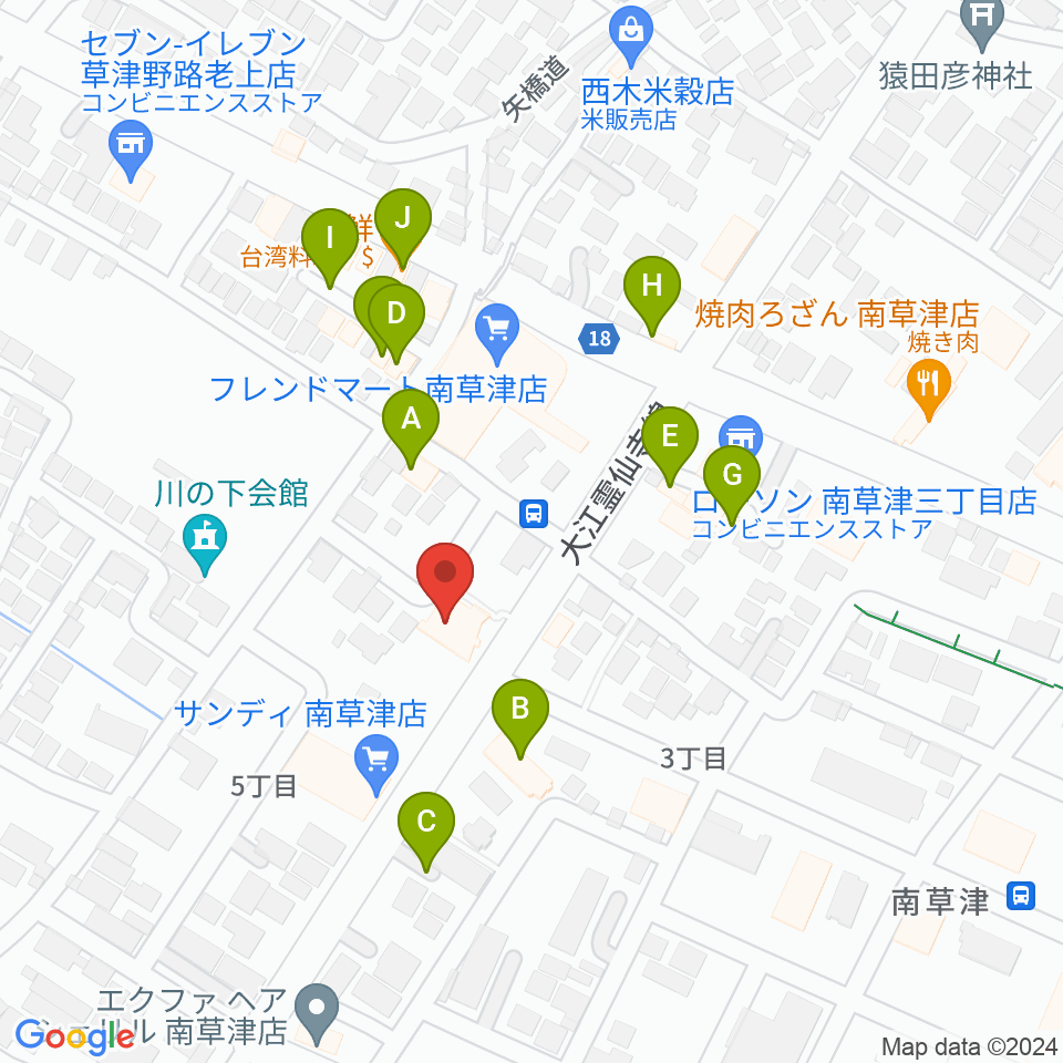 ロマン楽器 草津本店・ロマンホール周辺のファミレス・ファーストフード一覧地図