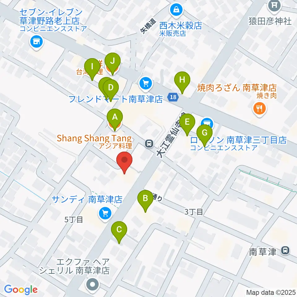 ロマン楽器 草津本店・ロマンホール周辺のファミレス・ファーストフード一覧地図