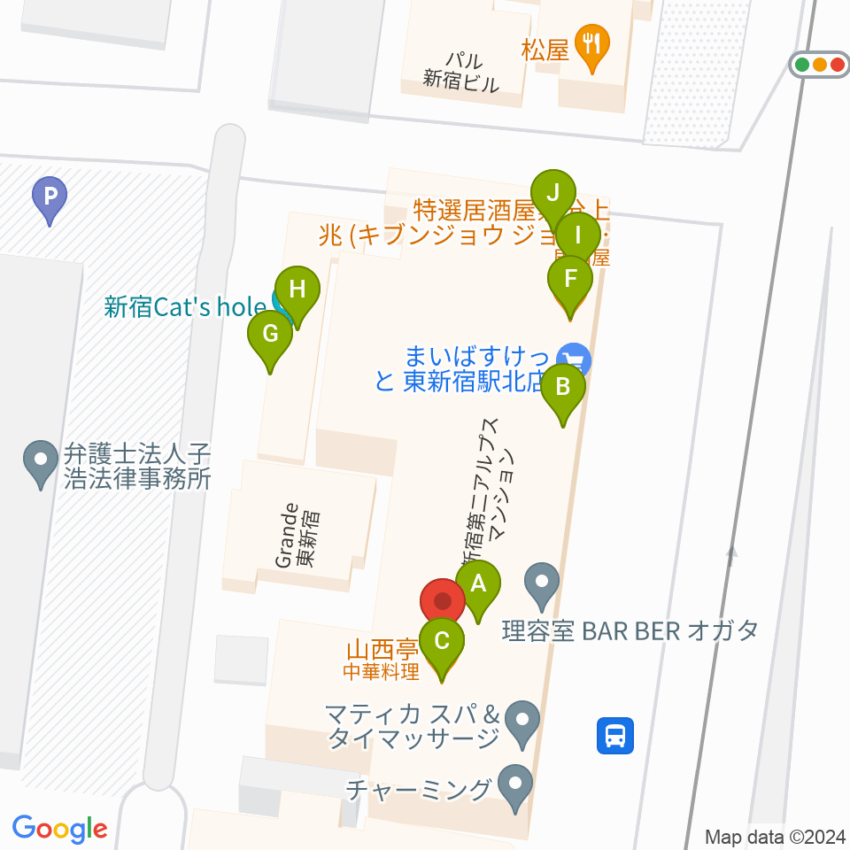 新宿グラムシュタイン周辺のファミレス・ファーストフード一覧地図