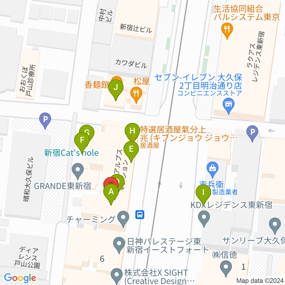 新宿グラムシュタイン周辺のファミレス・ファーストフード一覧地図