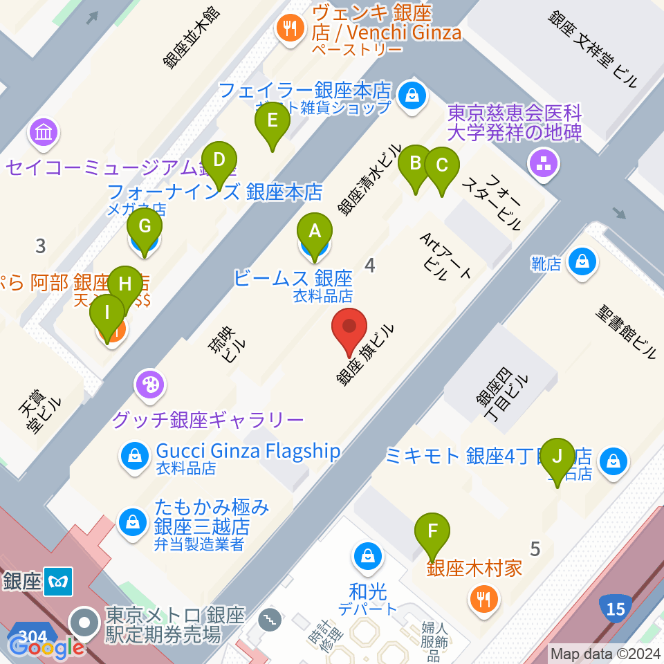 銀座十字屋ハープ＆フルートサロン周辺のファミレス・ファーストフード一覧地図