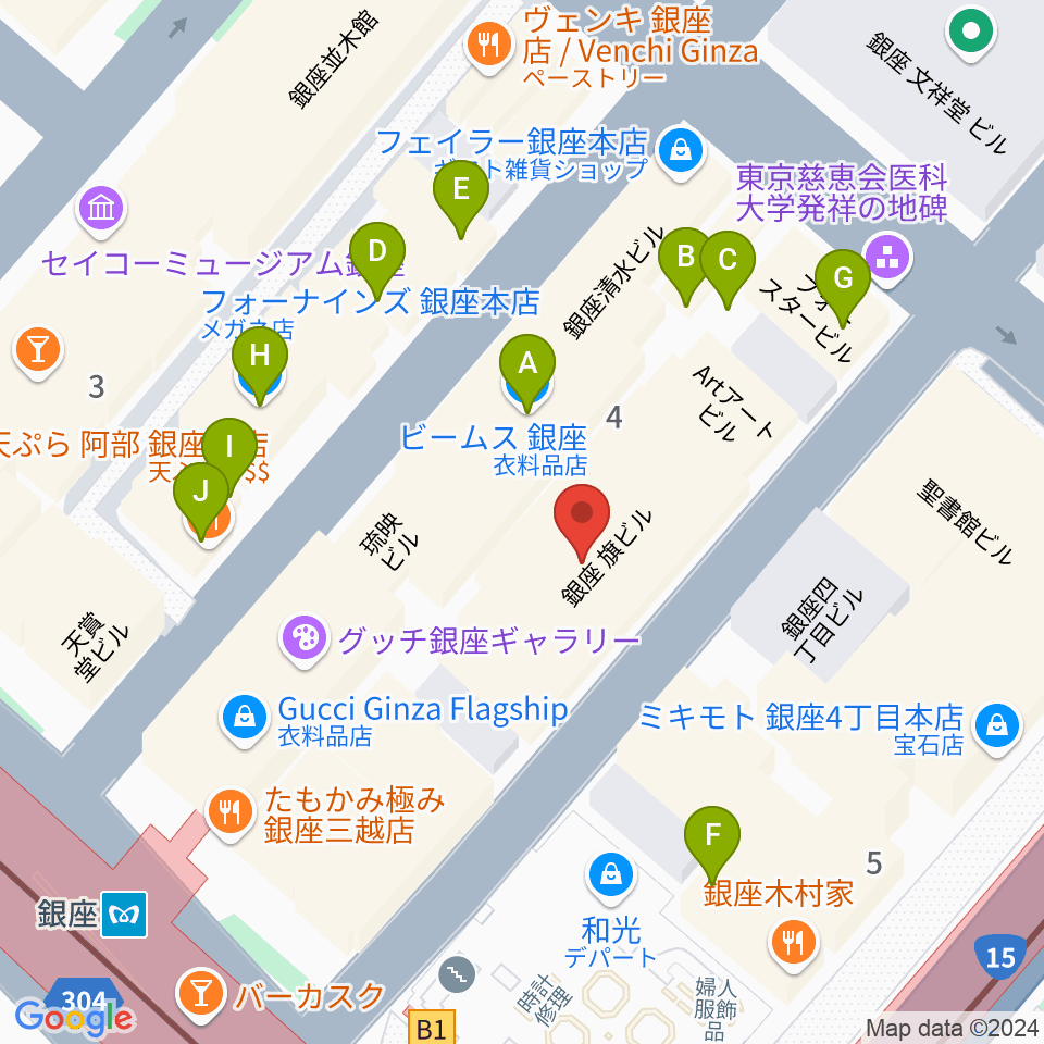 銀座十字屋ハープ＆フルートサロン周辺のファミレス・ファーストフード一覧地図