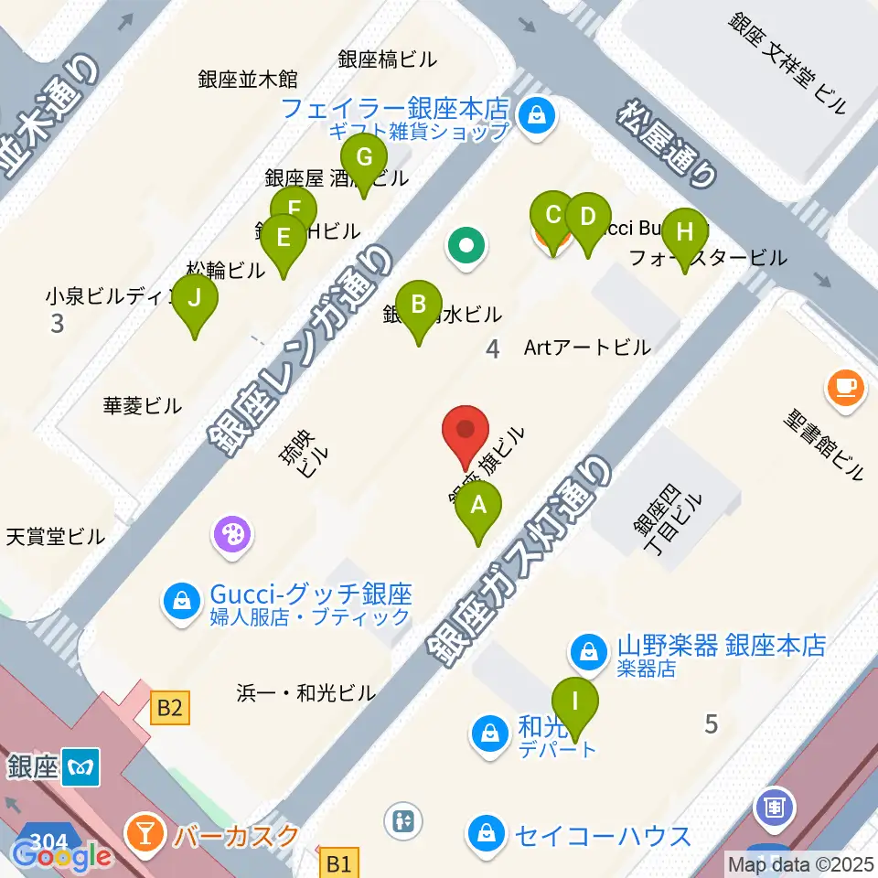 銀座十字屋ハープ＆フルートサロン周辺のファミレス・ファーストフード一覧地図