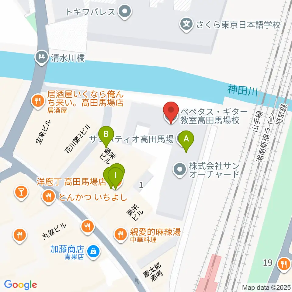 ペペタスギター教室 高田馬場教室周辺のファミレス・ファーストフード一覧地図