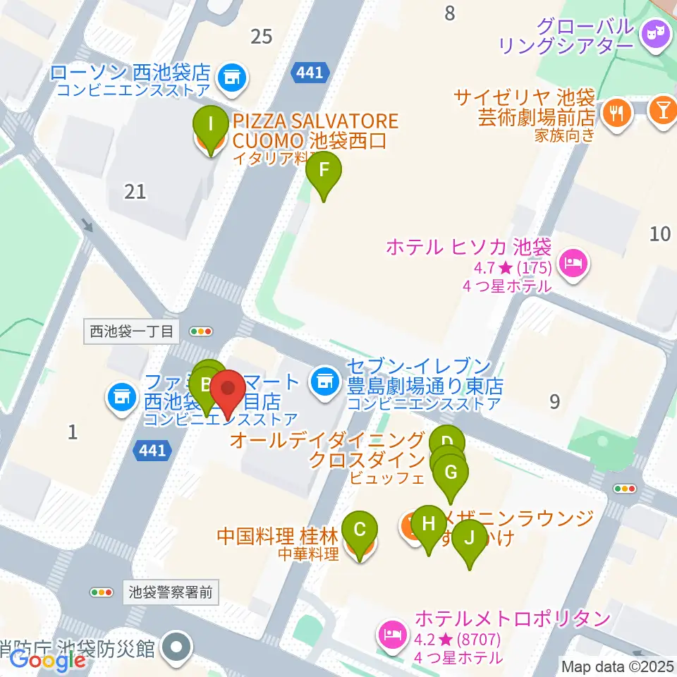 シャイニングボーカル教室 池袋本校周辺のファミレス・ファーストフード一覧地図
