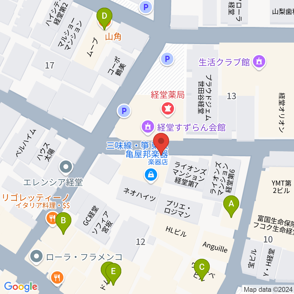 三味線亀屋邦楽器周辺のファミレス・ファーストフード一覧地図