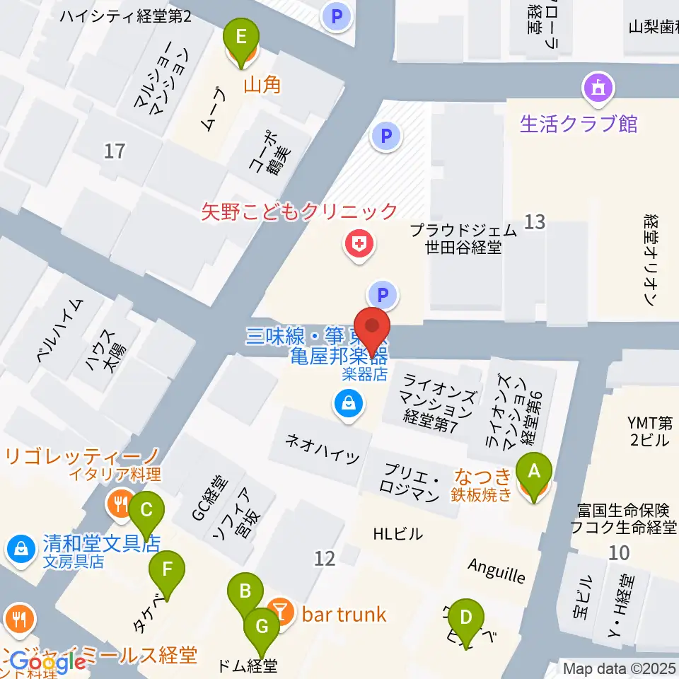 三味線亀屋邦楽器周辺のファミレス・ファーストフード一覧地図