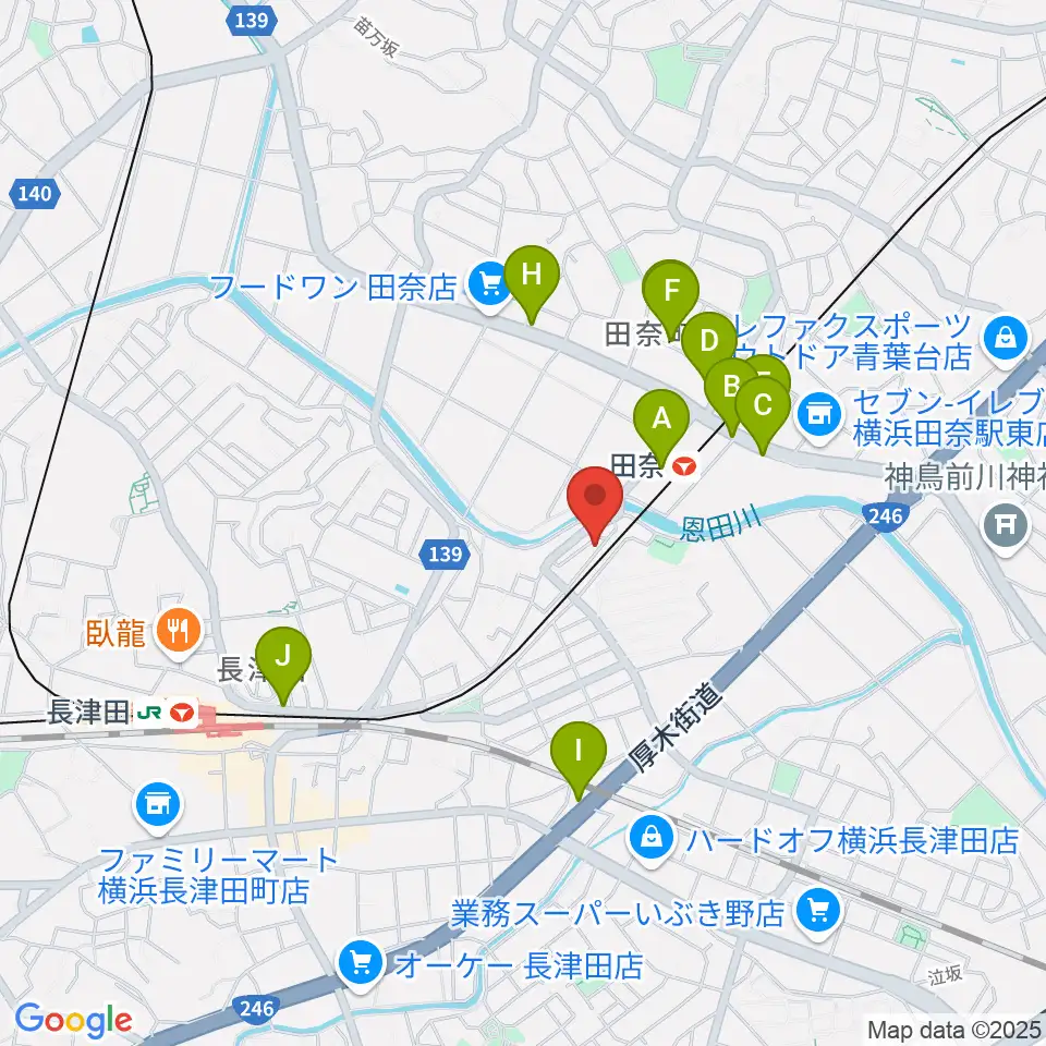 長津田音楽教室タナジアート周辺のファミレス・ファーストフード一覧地図