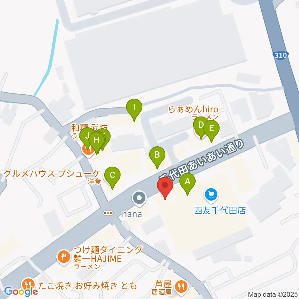 ニシバタ楽器周辺のファミレス・ファーストフード一覧地図