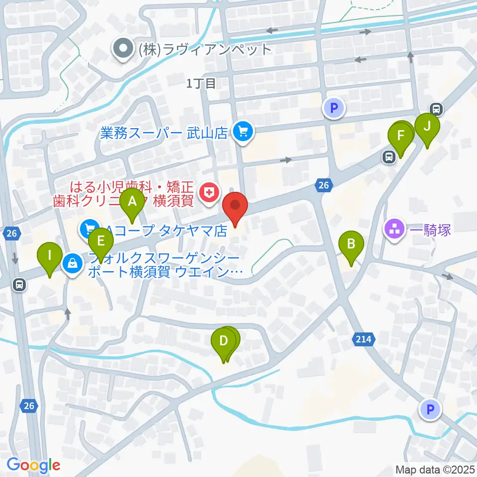 こんちぇると音楽教室周辺のファミレス・ファーストフード一覧地図