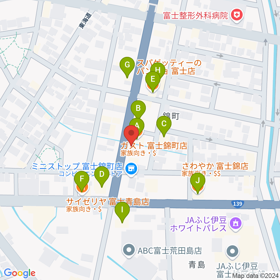 かやはら音楽教室 吉原教室周辺のファミレス・ファーストフード一覧地図