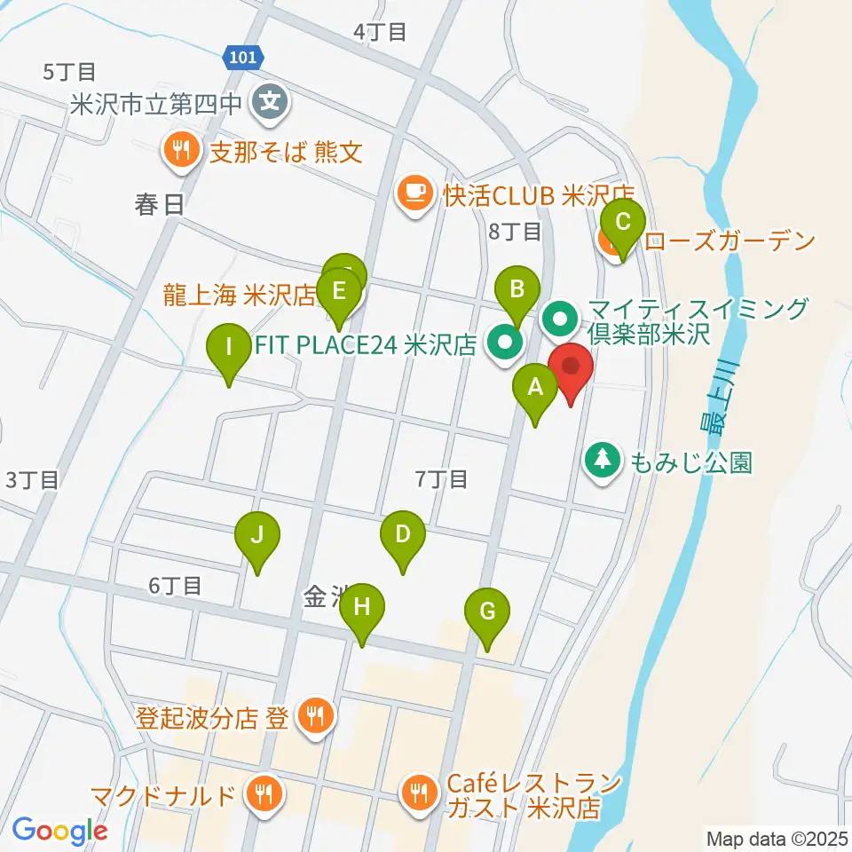 音楽アズム舘 米沢店周辺のファミレス・ファーストフード一覧地図