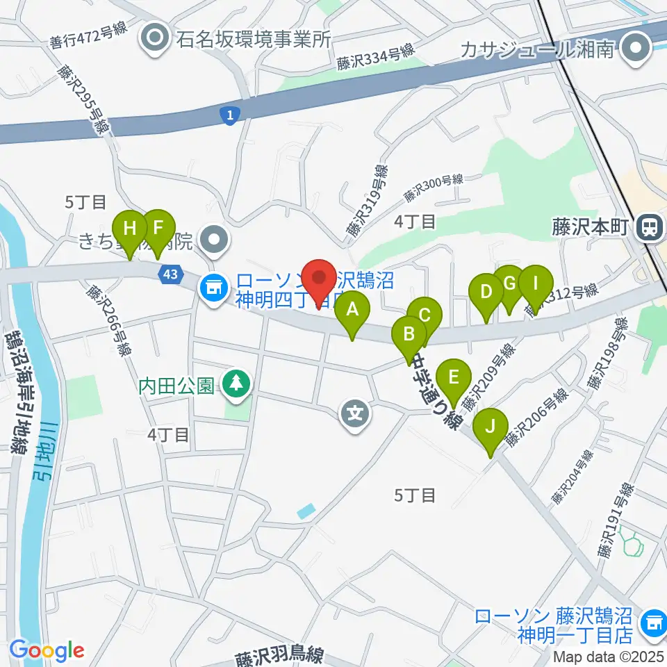 ドルチェ音楽教室 藤沢本町教室周辺のファミレス・ファーストフード一覧地図