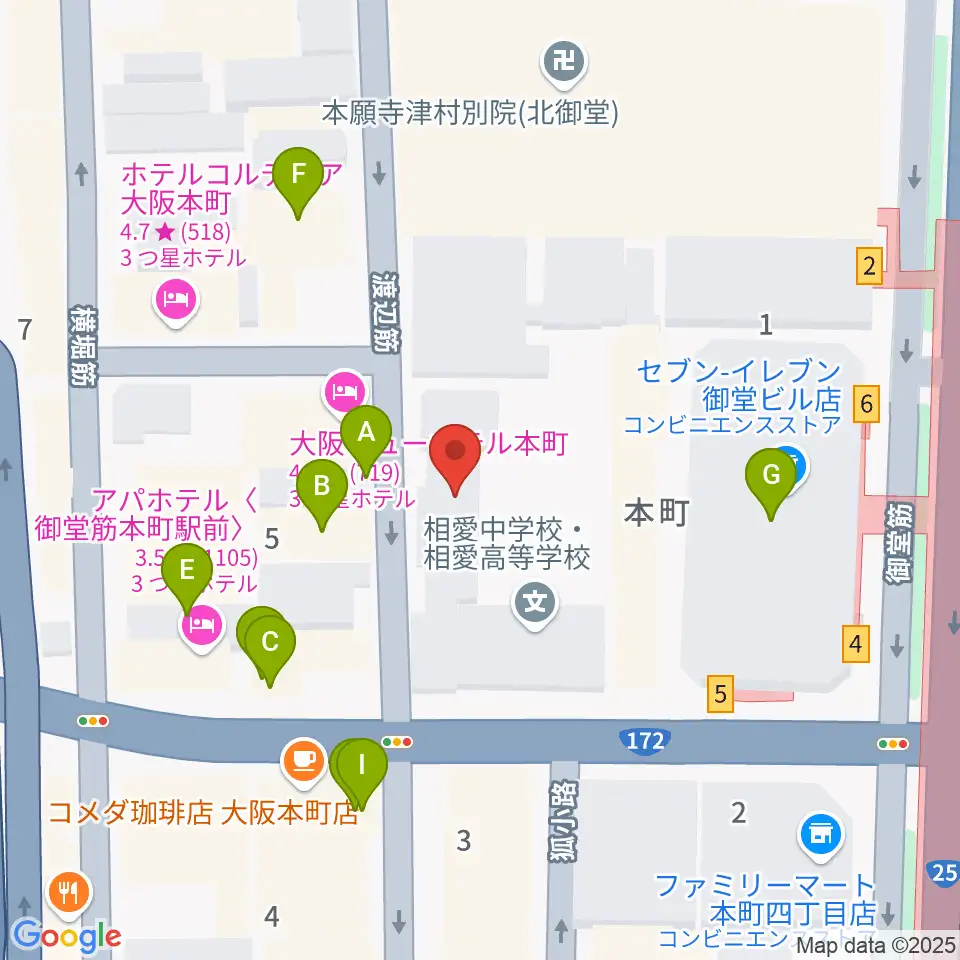 相愛大学附属音楽教室周辺のファミレス・ファーストフード一覧地図