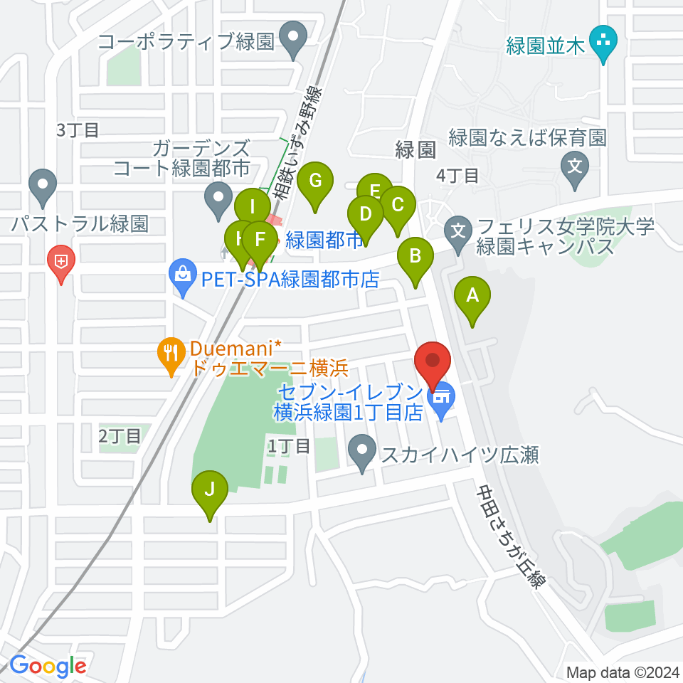 ピアノクリニックヨコヤマ周辺のファミレス・ファーストフード一覧地図