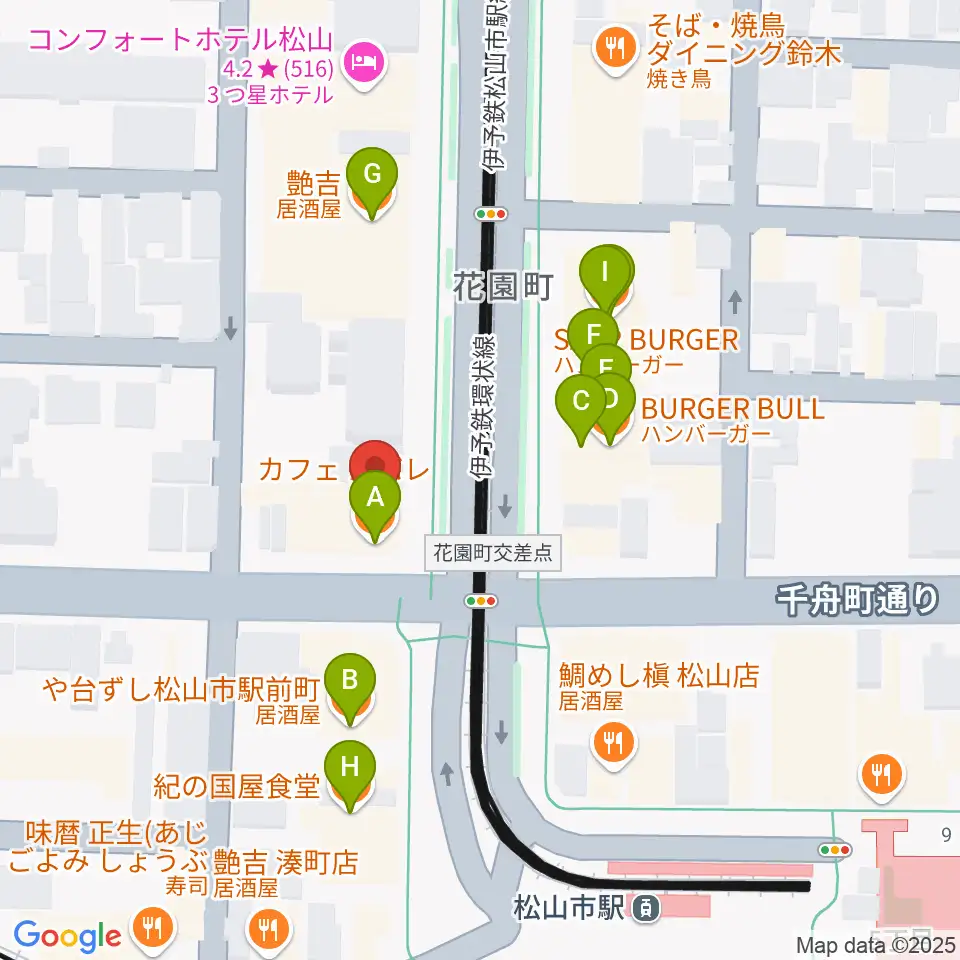 マツヤマ楽器 ミューズ音楽教室周辺のファミレス・ファーストフード一覧地図