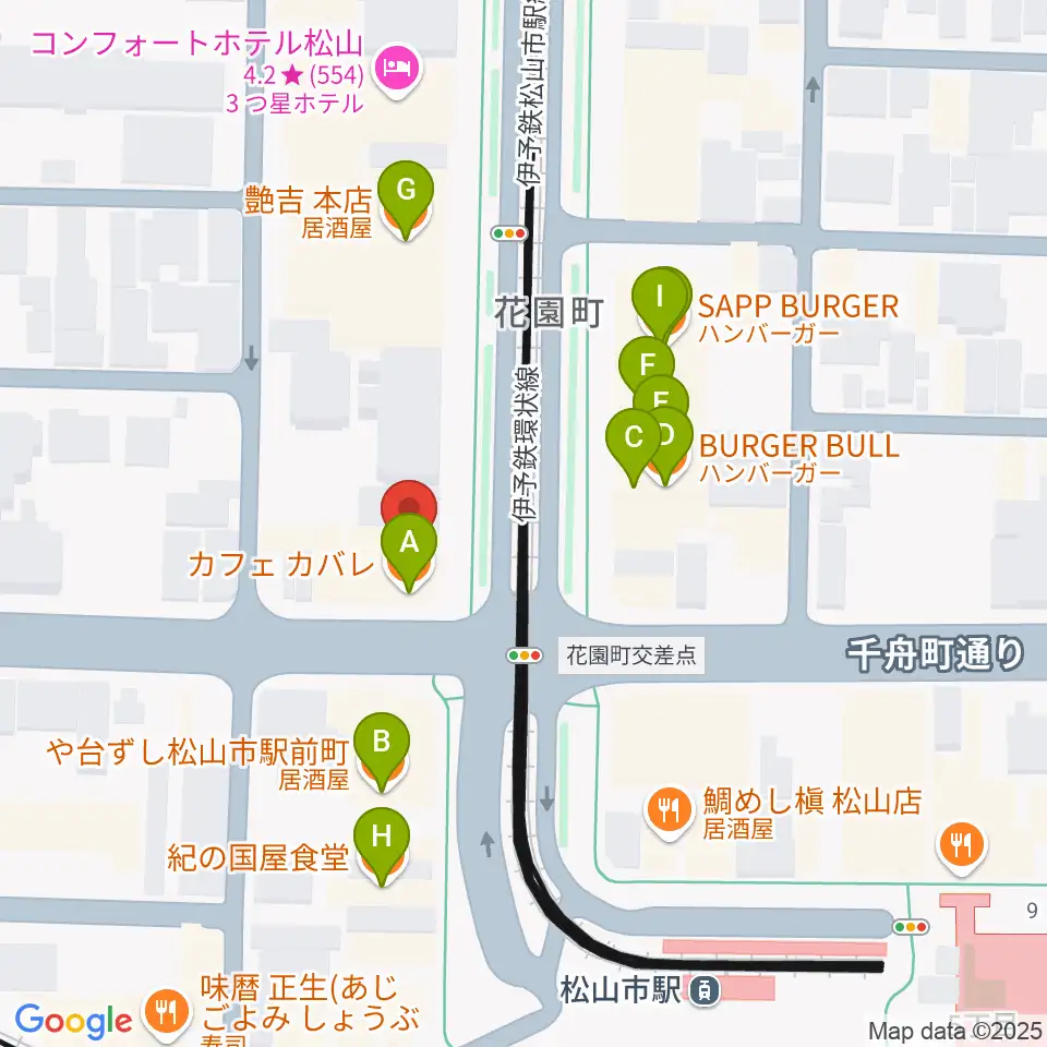 マツヤマ楽器 ミューズ音楽教室周辺のファミレス・ファーストフード一覧地図