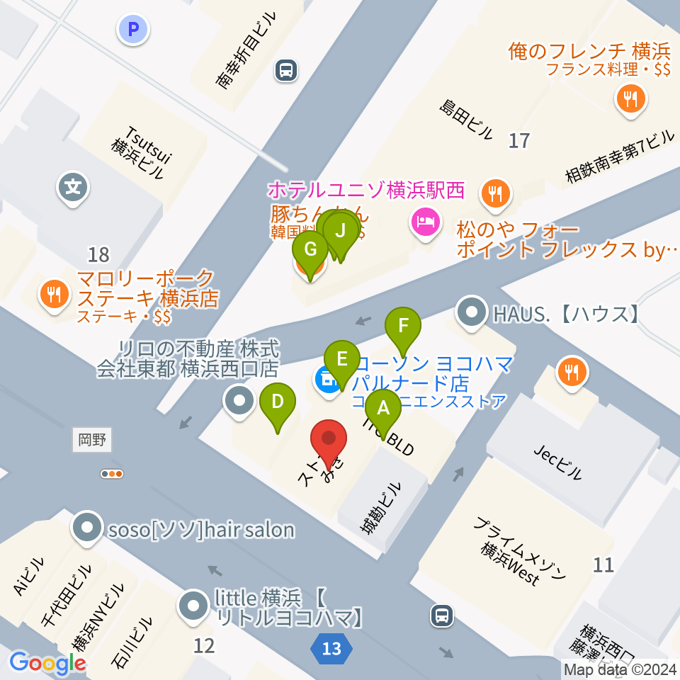 横浜ギタースクール周辺のファミレス・ファーストフード一覧地図