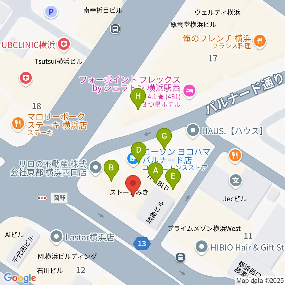 横浜ギタースクール周辺のファミレス・ファーストフード一覧地図