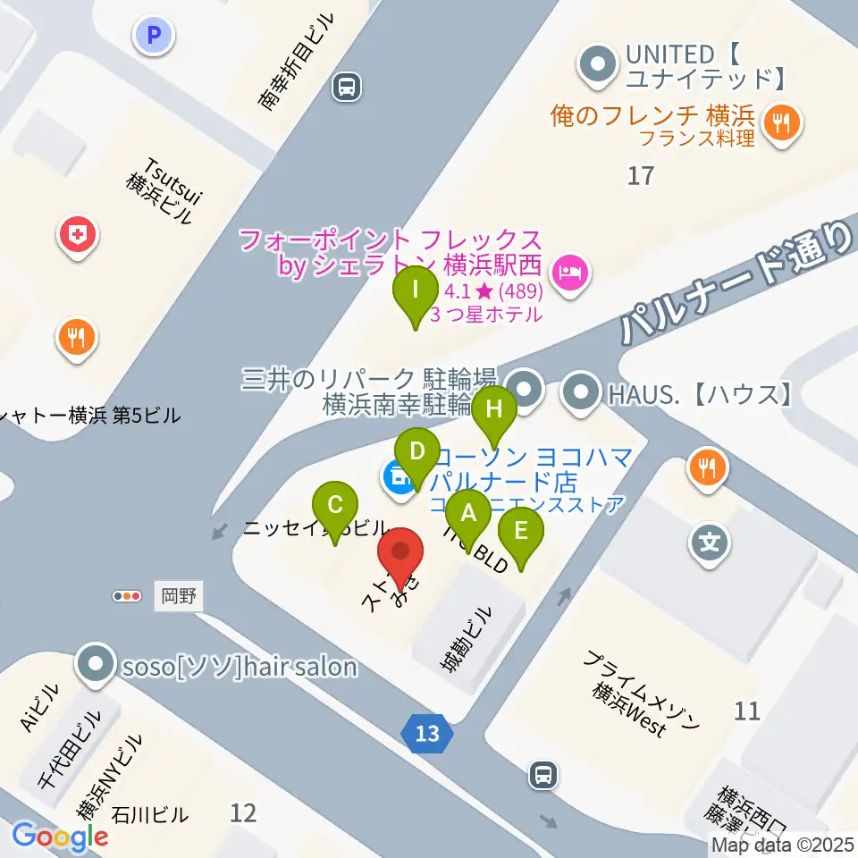 横浜ギタースクール周辺のファミレス・ファーストフード一覧地図