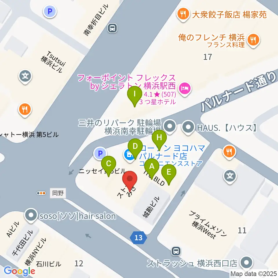 横浜ギタースクール周辺のファミレス・ファーストフード一覧地図