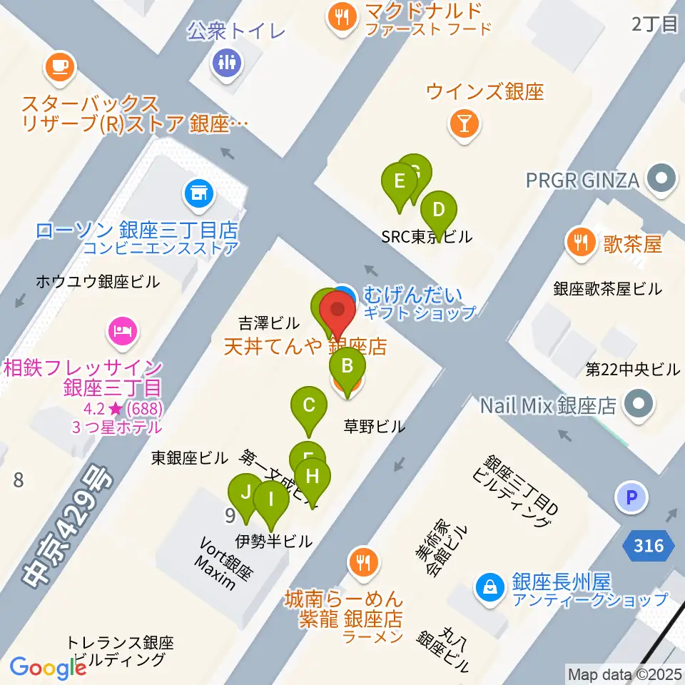 サウンドスタジオノア 銀座店周辺のファミレス・ファーストフード一覧地図