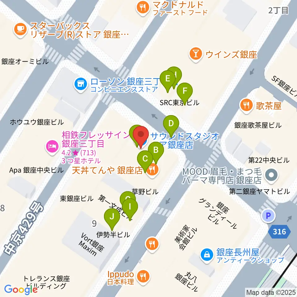 サウンドスタジオノア 銀座店周辺のファミレス・ファーストフード一覧地図